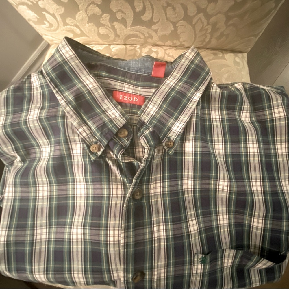 IZOD Navy & Green Plaid 100% Cotton Long Sleeve Chest Pocket Mens Sz 2XL